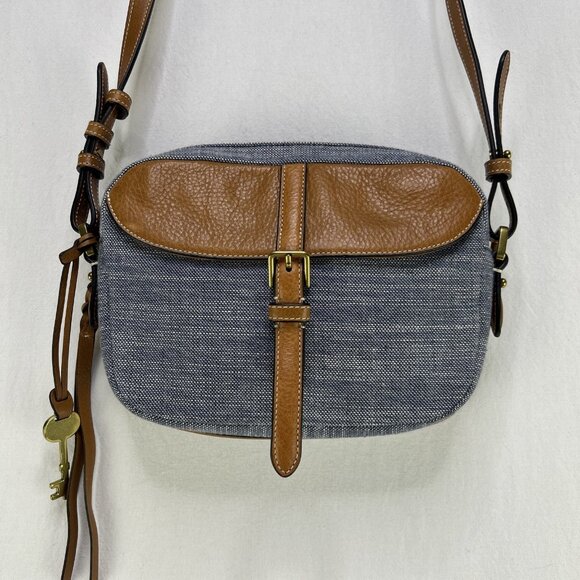 Fossil Purse Crossbody Leather & Denim Soft Navy/Tan with Braded Fringe Small - Picture 1 of 8